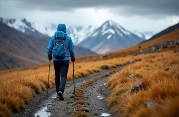 A hiker in blue jacket walking along a mountain trail with trekking poles in a scenic landscape