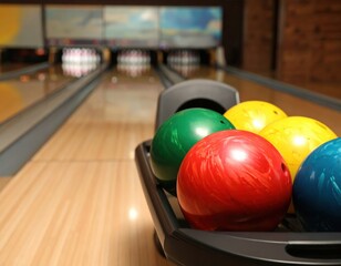 Colorful bowling balls in a rack with blurred view of bowling lanes and pins in the background, inviting atmosphere for recreational fun and games