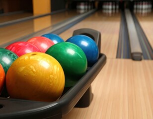 Colorful Bowling Balls in a Rack Ready for Fun at a Bowling Alley with Smooth Wooden Floor and Lanes Awaiting Players for Exciting Game Experiences