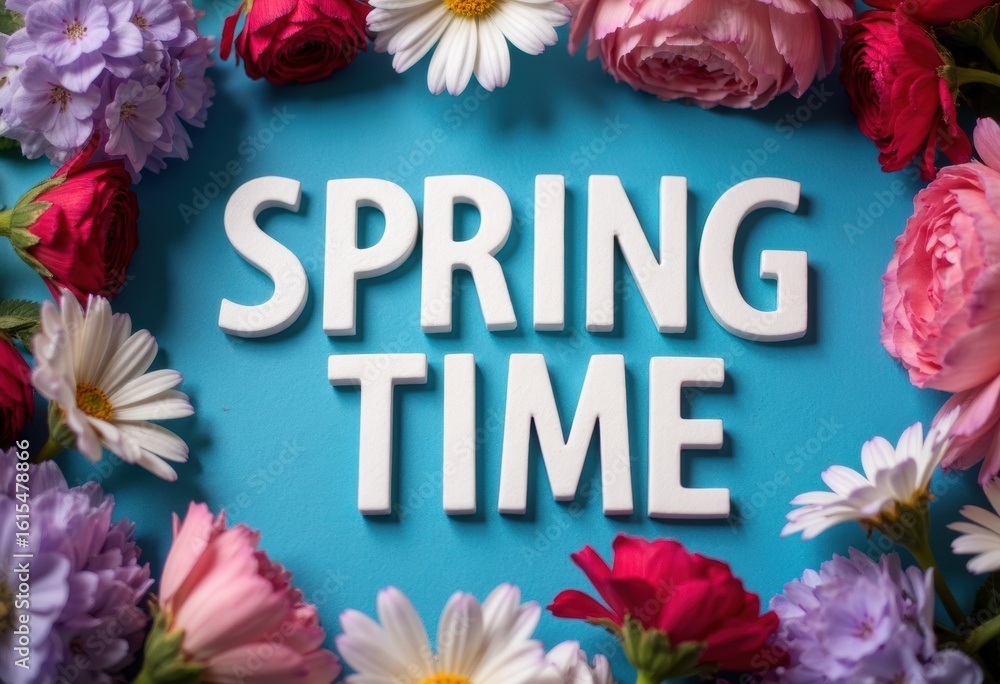 Poster spring time text surrounded by colorful flowers on a blue background