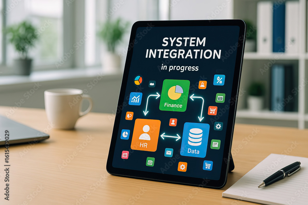 Aufkleber system integration in progress on tablet screen showing finance, hr, and data icons connected by arr