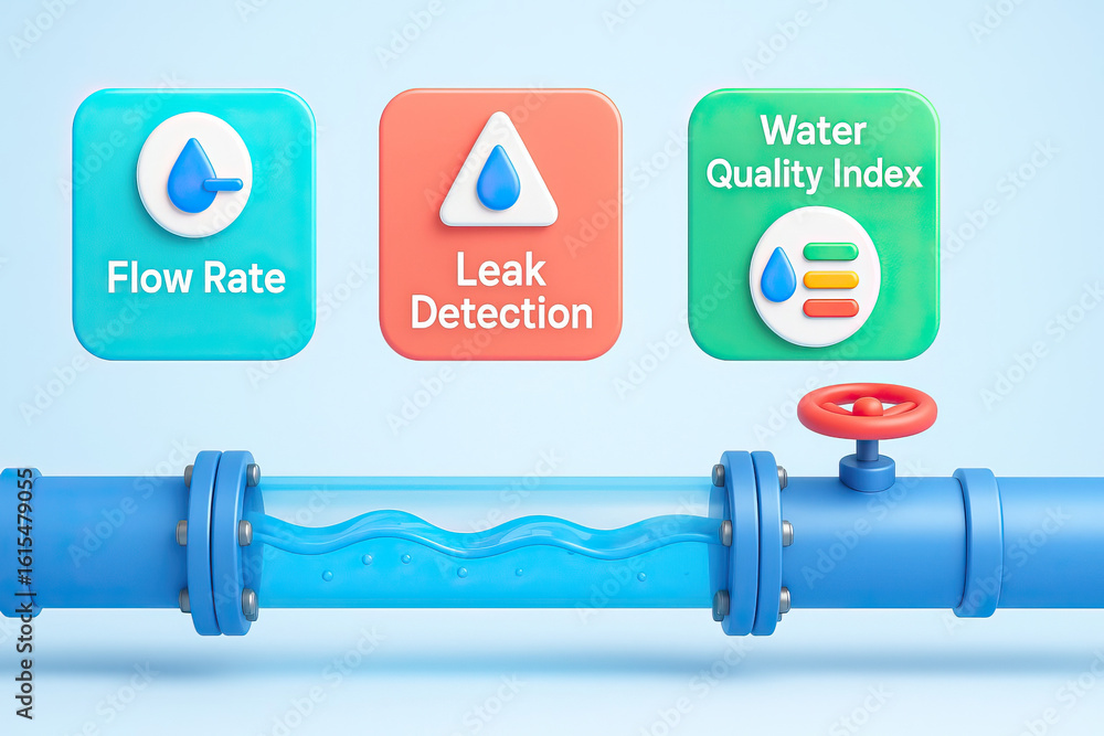 Poster water flow monitoring system with transparent pipe showing water movement, flow rate, leak detection