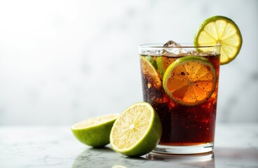 Fototapeta premium A refreshing glass of iced soda with lime and lemon slices on a light background