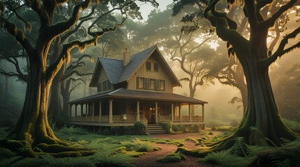 An image of a Secluded Cabin in a Misty Forest