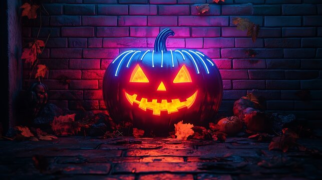 Glowing jack o lantern with neon blue trim on brick wall background Halloween pumpkin
