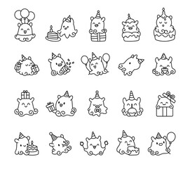 Dumbo octopus birthday kawaii character set with party hat, balloons, cake, candles, gifts, confetti, sparkler and festive elements perfect for your illustration and creative designs projects