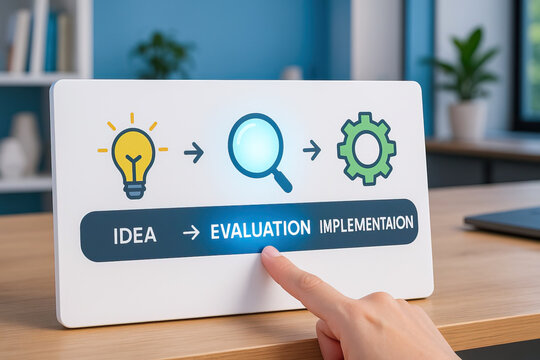 Business concept idea development evaluation process implementation innovation light bulb magnifying glass gear hand pointing office desk