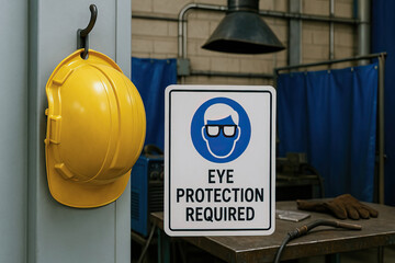 Eye protection required sign with safety helmet hanging on wall in industrial workshop environment emphasizing safety and precaution for workers in hazardous areas