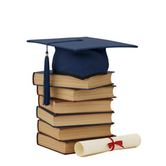 3D Illustration Of Graduation Cap And Stacked Books With Diploma Isolated