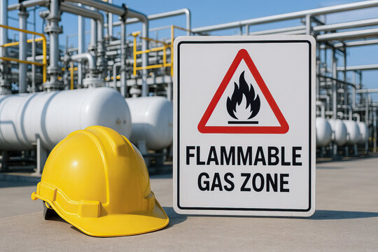 Flammable gas zone sign with yellow safety helmet in industrial plant area, warning of hazardous materials and emphasizing safety precautions in bright outdoor environment