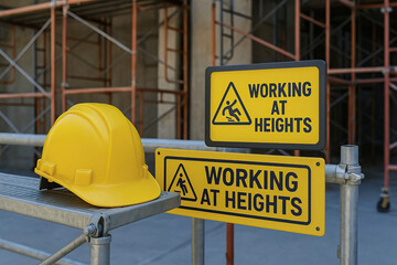 Working at heights warning signs with yellow safety helmet placed on metal scaffolding at construction site, emphasizing safety precautions and protective gear
