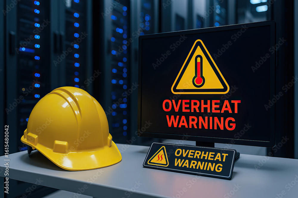 Poster overheat warning alert on computer screen in server room with yellow safety helmet on table, indicat