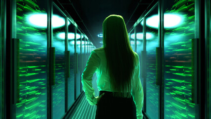 Woman in 3D data center corridor with glowing green servers. Concept of cybersecurity, corporate...