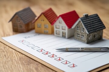 Real estate selling guide concept. Miniature houses on a checklist, symbolizing real estate planning and decision-making.