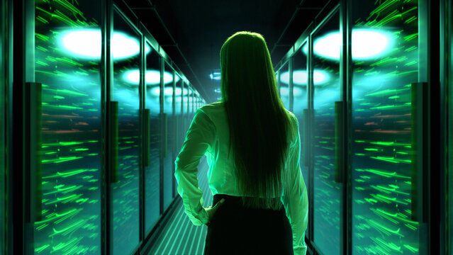 Woman in 3D data center corridor with glowing green servers. Concept of cybersecurity, corporate data access, IT infrastructure, enterprise intelligence, and cloud system control. - Powered by Adobe