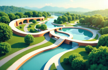 Aerial view of a modern park with winding pathways, lush green trees, and water features creating a peaceful outdoor space