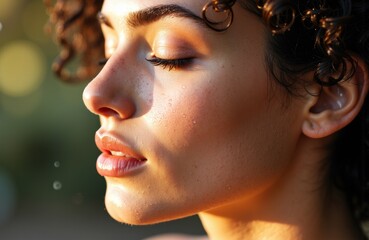 Close-up of a young woman with curly hair and clear skin enjoying sunlight outdoors