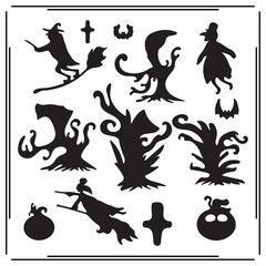 Obraz premium Set of 12 Halloween Icons: Witch Silhouettes, Spooky Trees, Bats, Pumpkins, Ghosts, Crosses, and Other Halloween Symbols for Holiday, Party, and Decoration Designs