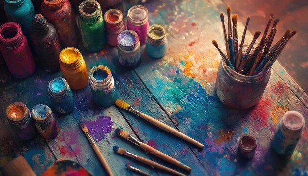 Colorful art studio workspace with paintbrushes and vibrant jars of mixed paints displayed