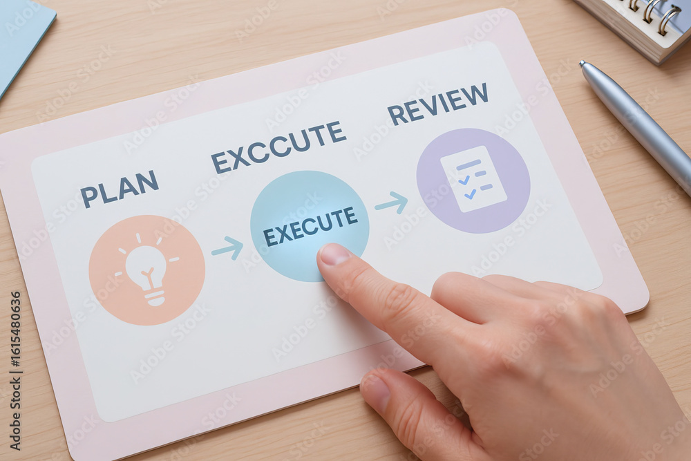 Poster finger pointing at execute step on business process chart with plan and review steps, showing focus 