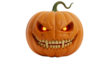 3D Rendered Orange Pumpkin With Evil Face and Glowing Eyes on Transparent Background