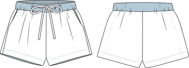 Women's casual drawstring waistband shorts flat sketch, technical vector illustration for fashion design, garment CAD drawing, and apparel template