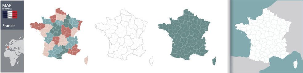 France's Topography and Administrative Districts Map, High-Resolution Illustration
