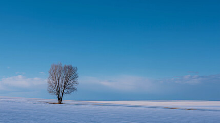A lone, slender tree standing on a flat, snow-covered plain, under a vast, cloudless sky