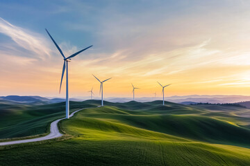 Wind Turbines Generating Renewable Energy in Rolling Hills at Sunrise - Landscape Photography
