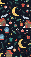 Charming pixel art christmas scene with cozy houses and festive decorations a delightful holiday pattern