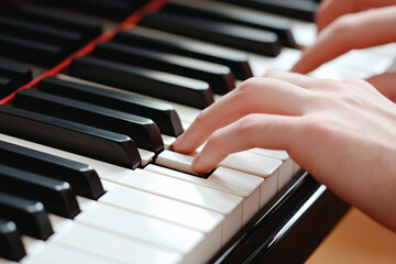 Fototapeta premium Piano Performance, Hands Playing, Indoor Studio, Photograph, Warm Lighting, Close-Up View, Artistry