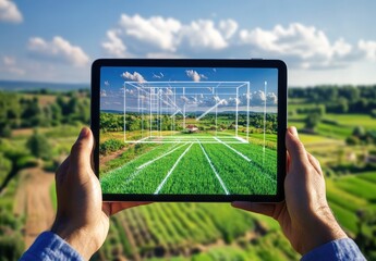 A person holding an iPad with their hands, on the screen of which is drawn in white lines a hologram of green grass under construction. Against the background