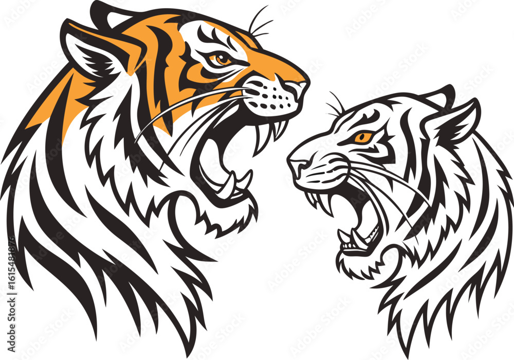 Poster vector art of two fierce tigers roaring with sharp teeth and intense eyes in a dynamic vector illust