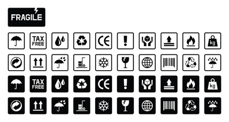 Fragile package signs set icons set, delivery shipping labels flat style. handle with care, Keep away from water, fragile box, Handling, packing vector illustration.