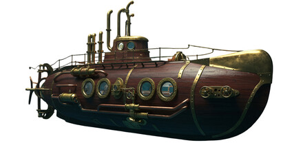 3D Illustration of a Wooden Steampunk Submarine with Gold Accents Isolated