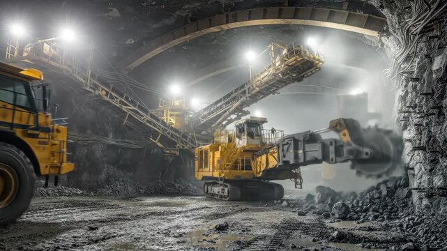 A tunnel boring machine drills into a rock face, showcasing the power of mining equipment and underground excavation in a subterranean environment.