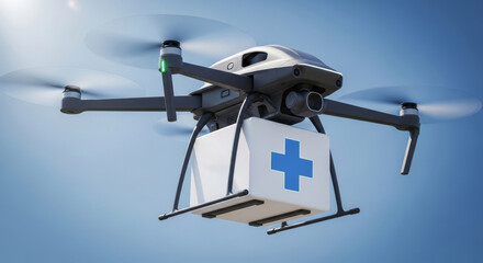 Medical drone delivers aid package against a clear blue sky