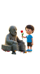 3D Illustration Of A Young Boy Offering A Red Flower To A Stone Statue Isolated On Transparent Background