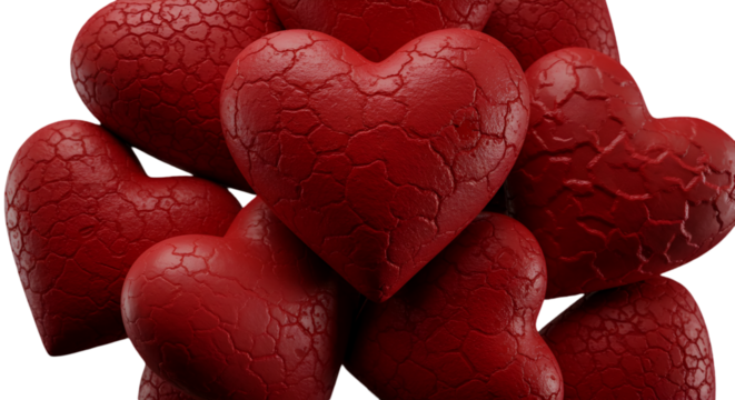 3D Illustration Of Textured Red Hearts Stacked With Transparent Background