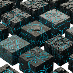 3D Illustration of Abstract Cubes with Blue Circuitry on Black Background