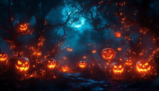 Glowing Jack O Lanterns Illuminate a Spooky Forest at Night halloween pumpkin