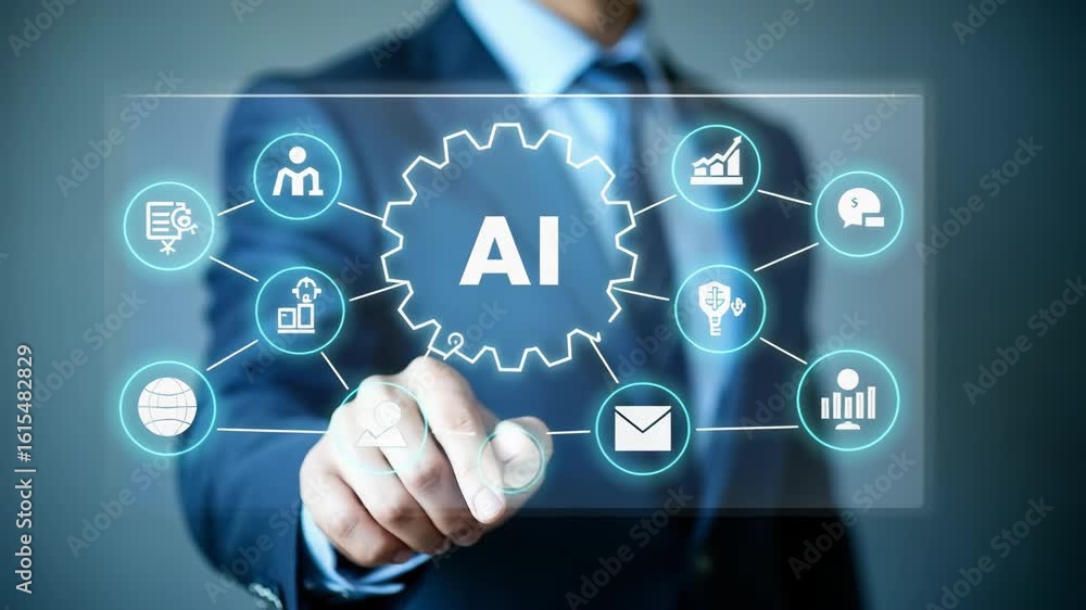Poster ai, artificial intelligence technology in digital workflow. businessman touches gear icon labeled ai