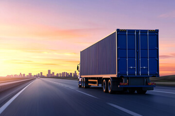 Sunset Road Trip, Truck Transport, Urban Landscape, Digital Photo, Open Highway View