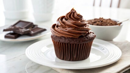 A delectable chocolate cupcake with frosting on a plate with chocolate pieces in the background