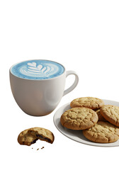 3D Illustration Of Blue Drink And Cookies On A White Plate Isolated