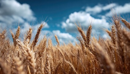 Fototapeta premium Golden wheat field under a partly cloudy sky (1)