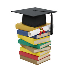 3D Illustration Of Graduation Cap On Stacked Books And Diploma With Transparent Background