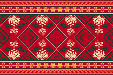 Traditional Thai fabric pattern in red and gold with floral and ornamental motifs. Seamless textile design inspired by classic Thai silk, ideal for wrapping paper, clothing, and cultural decor.