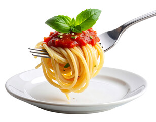 Spaghetti Twirled on Fork with Tomato Sauce, Floating Composition PNG
