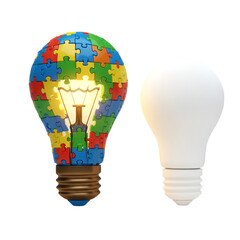 3D Illustration of Lightbulb Puzzle and White Lightbulb Idea Concept